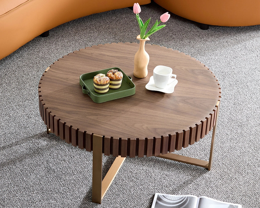 Modern Handcrafted 31.5" Round Drum Coffee Table with Stainless Steel Pedestal