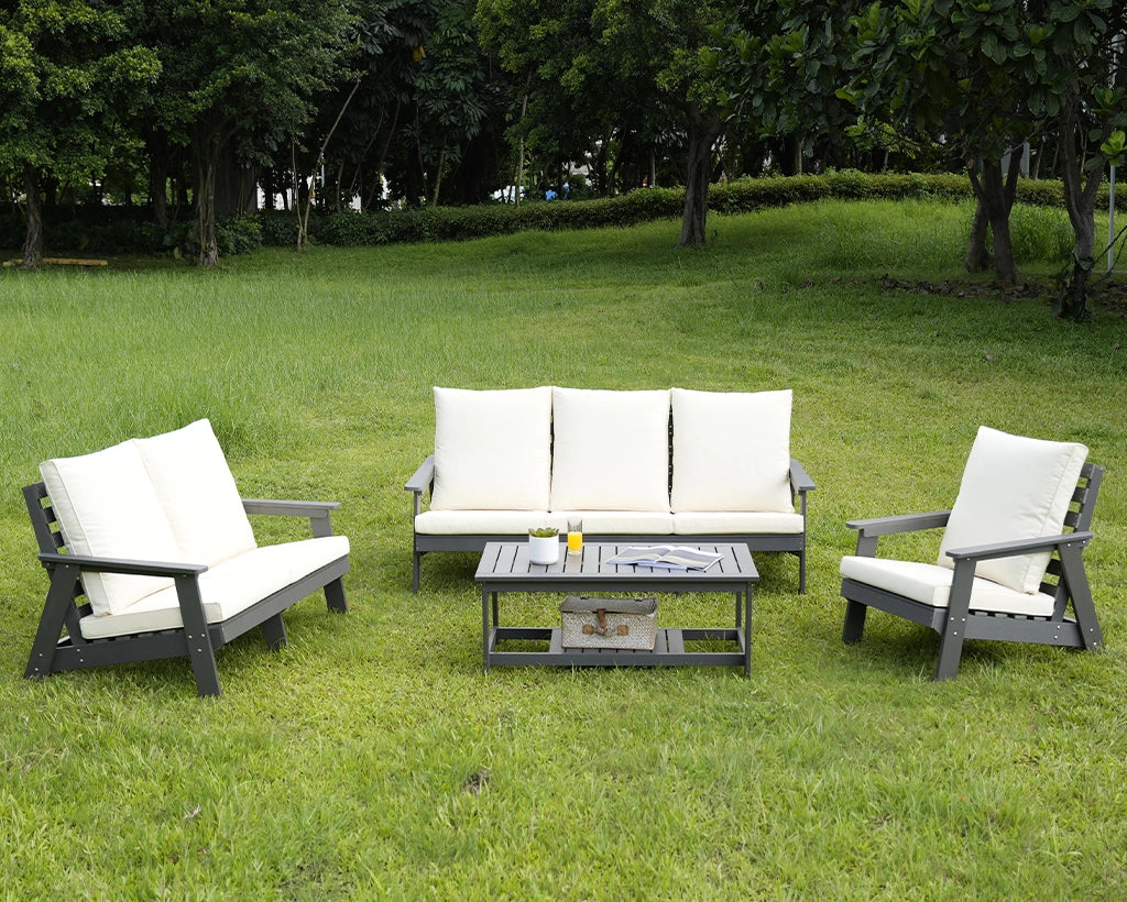 HIPS Loveseat with Cushion, Wood Grain Outdoor Garden Sofa