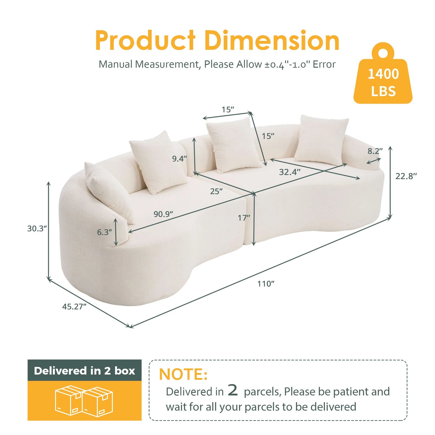 110" Chenille Curved Modular Boneless Sectional Sofa