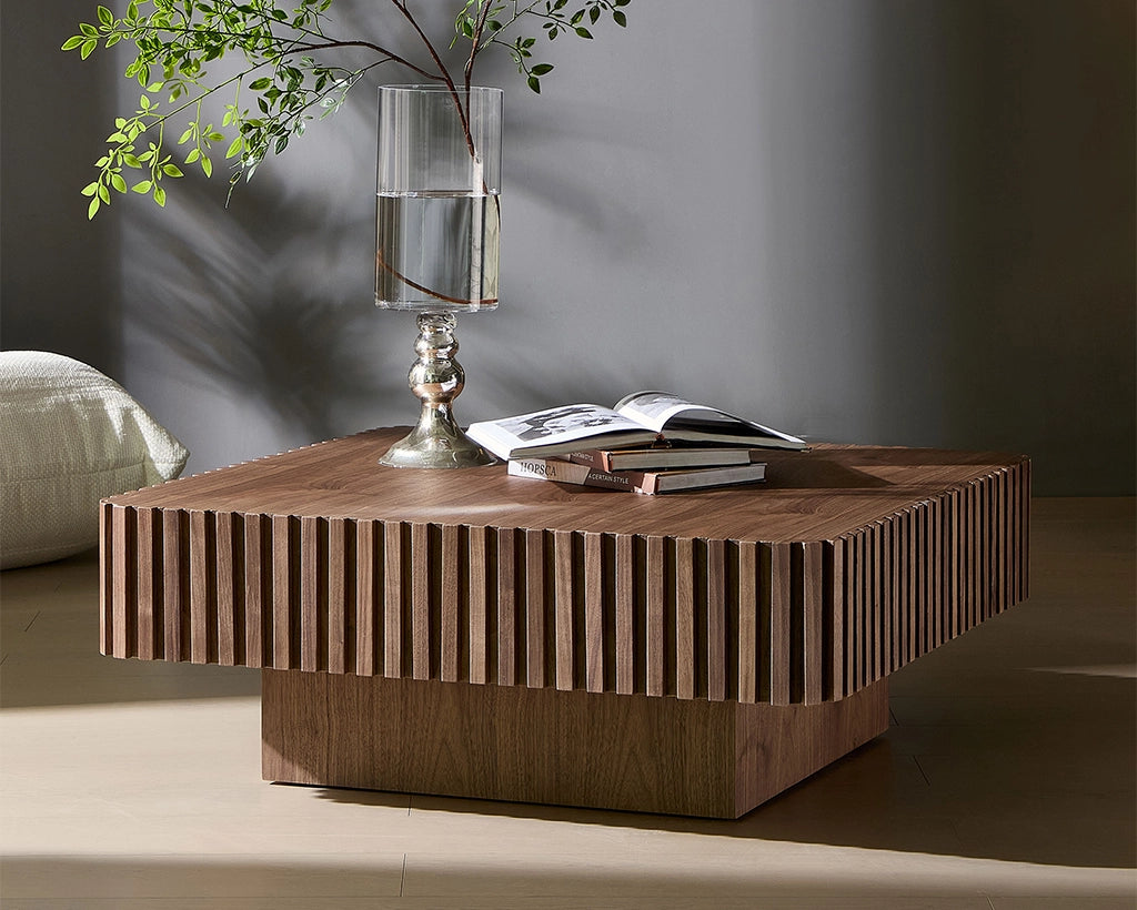 35.43" Handcrafted Square Drum Coffee Table - Modern Wooden Design with Sturdy MDF Pedestal