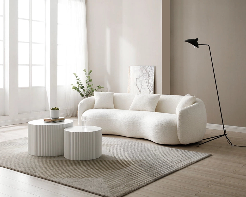 94.00" Mid-Century Modern Curved 4-Seat Boucle Sofa – Off-White Fabric Couch