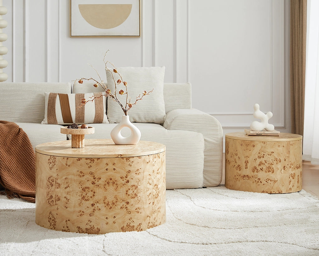 2-Piece Nested Round Coffee Table Set - Burl Wood Veneer MDF