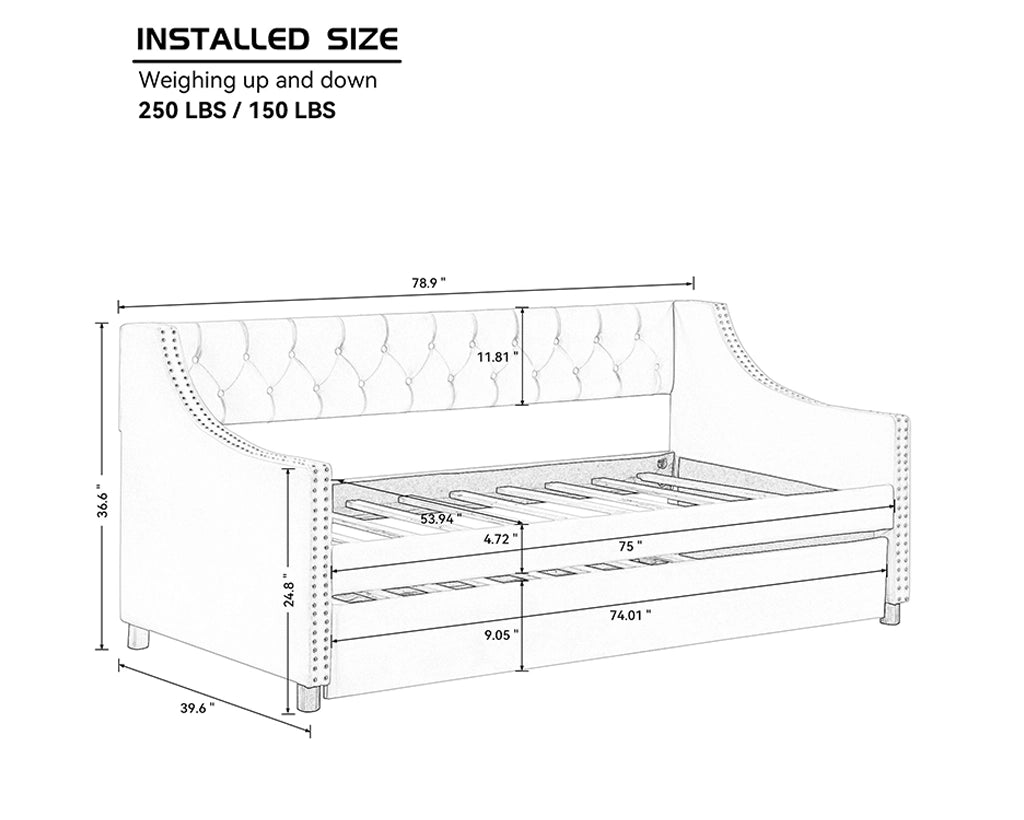 Twin Daybed w/Trundle, Tufted Button Design, No Box Spring Needed