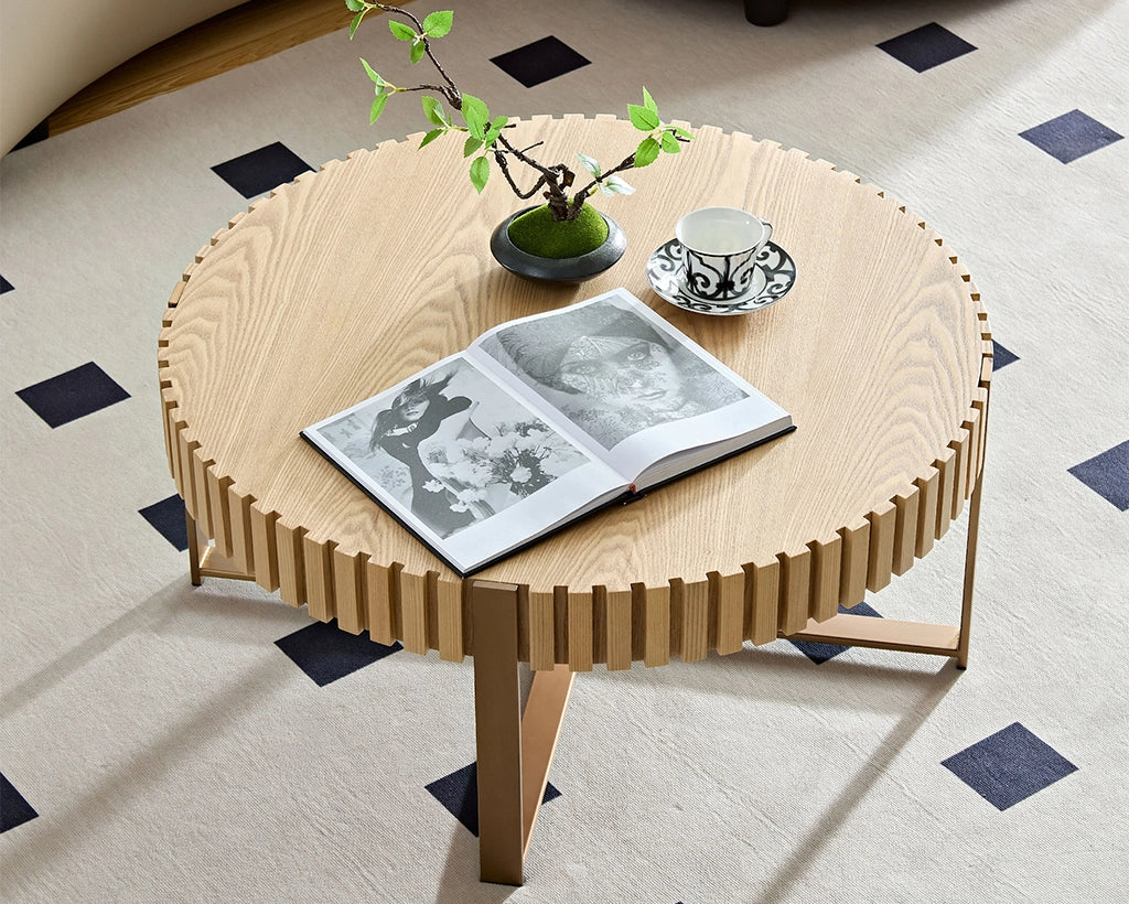 Modern Handcrafted 31.5" Round Drum Coffee Table with Stainless Steel Pedestal