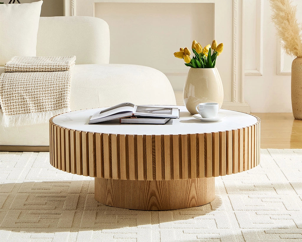35.43'' Nesting Round Sintered Stone Tabletop Modern Drum Coffee Table