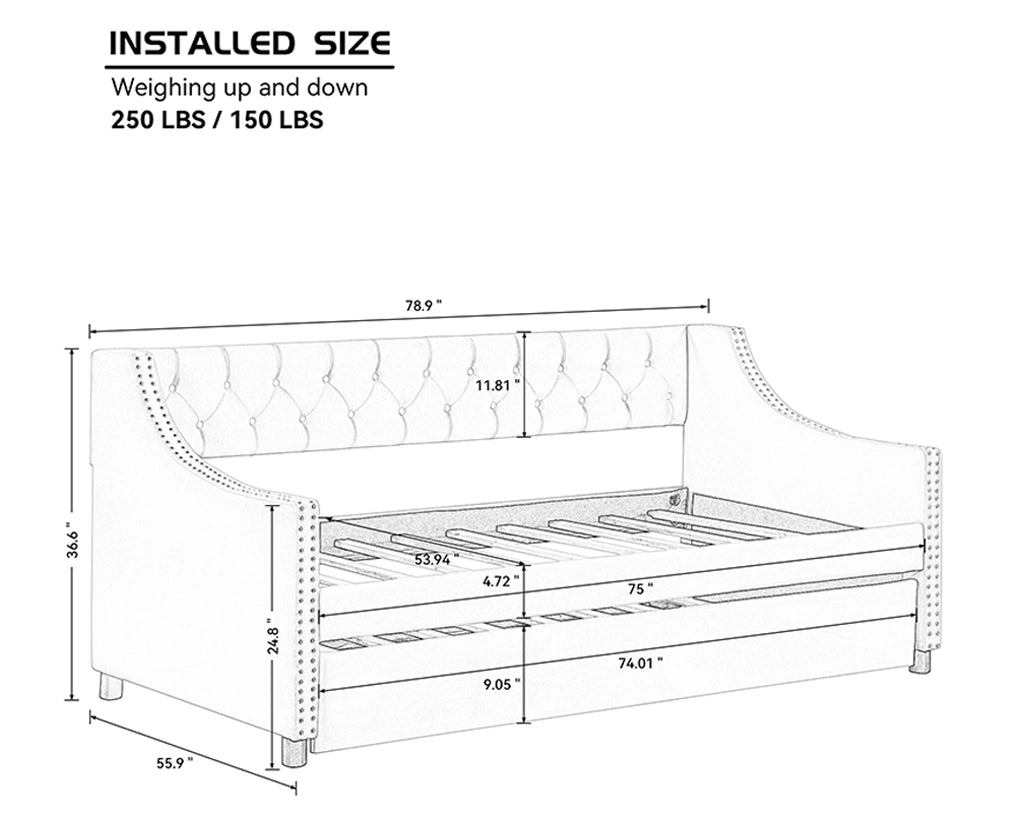 Daybed with Trundle Upholstered Tufted Sofa Bed, with Button and Copper Nail on Arms