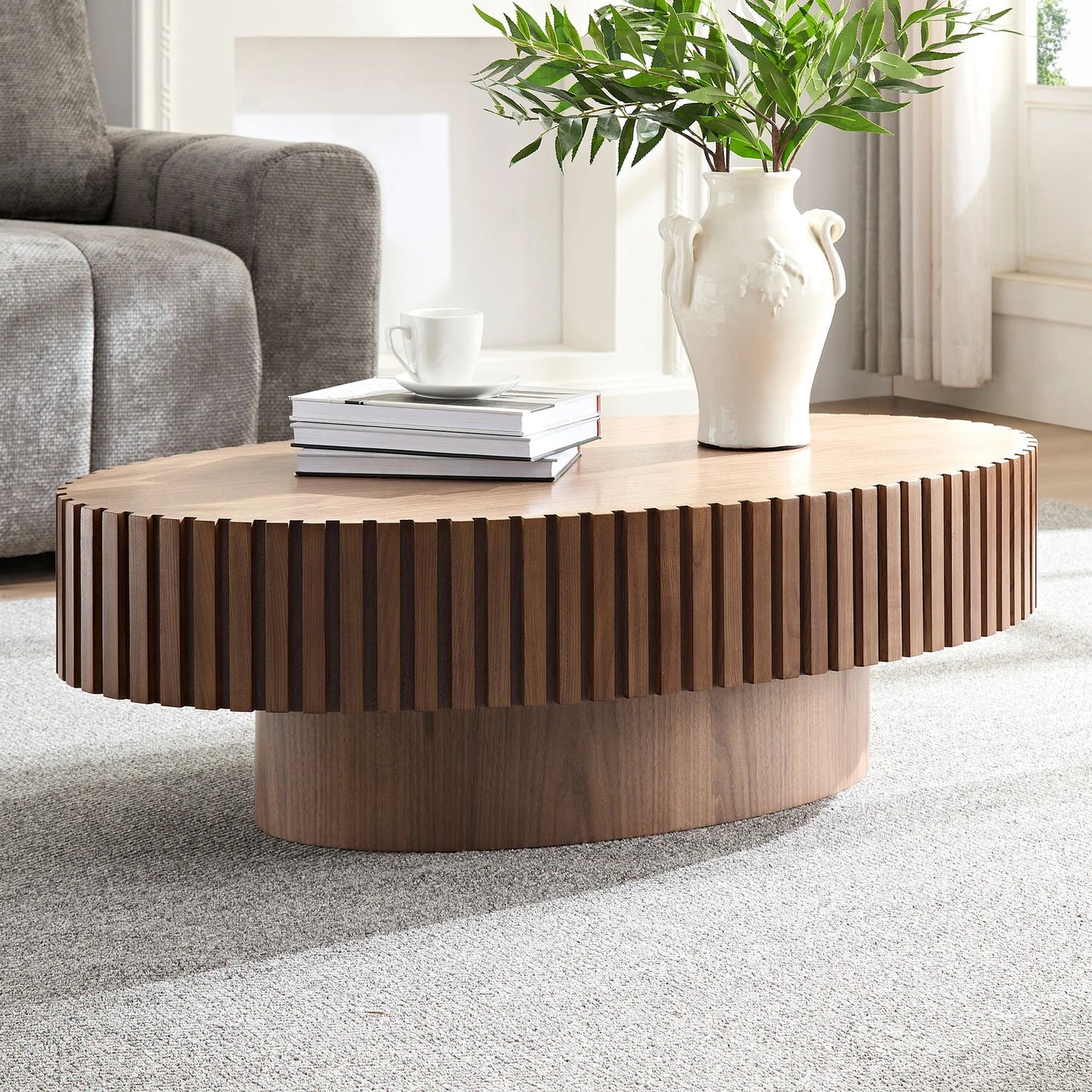 Modern Oval Drum Coffee Table – 43.7 Inch Handmade Wood Center Table for Lounge & Office