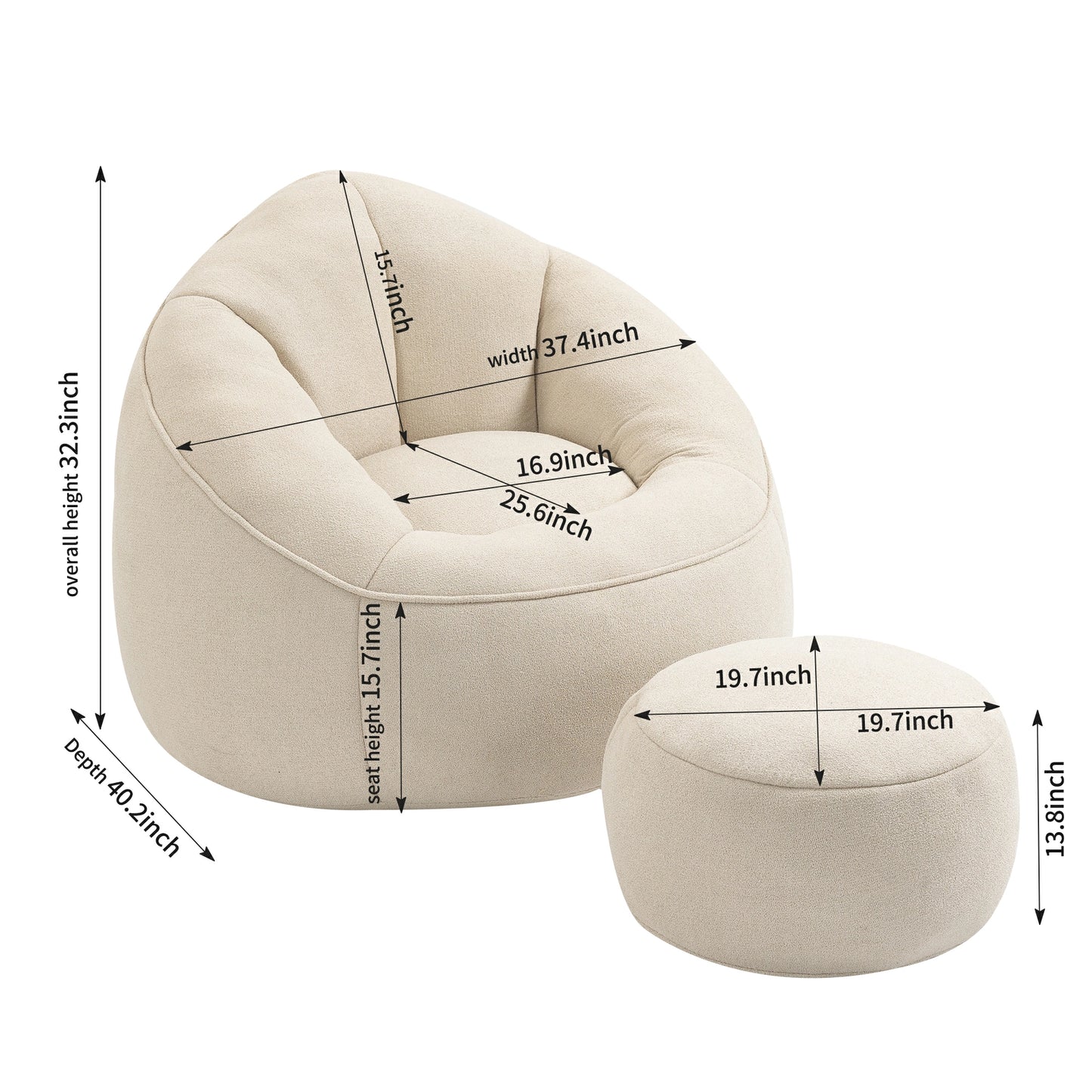 40" Colorful Compressed Bean Bag Sofa Chair with Ottoman, High-Density Foam