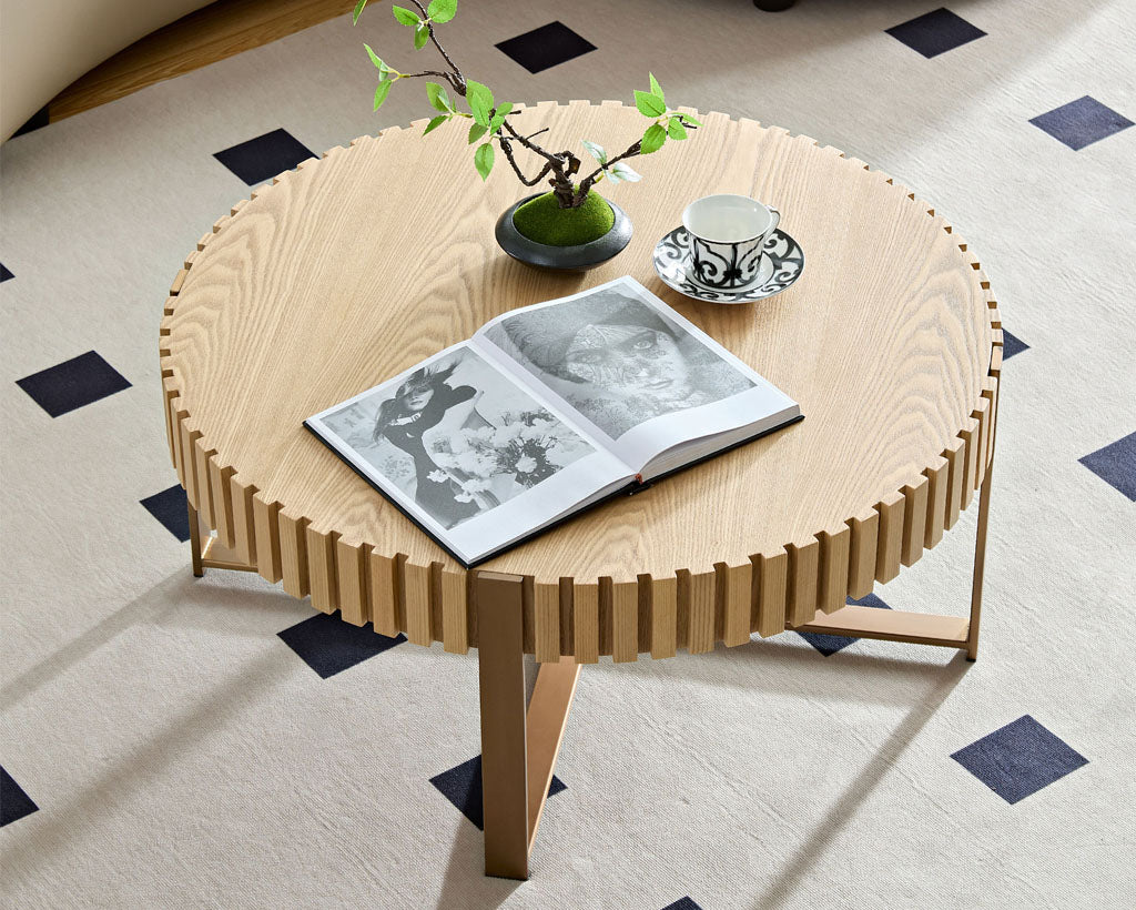 Modern Handcrafted 31.5" Round Drum Coffee Table with Sturdy Pedestal
