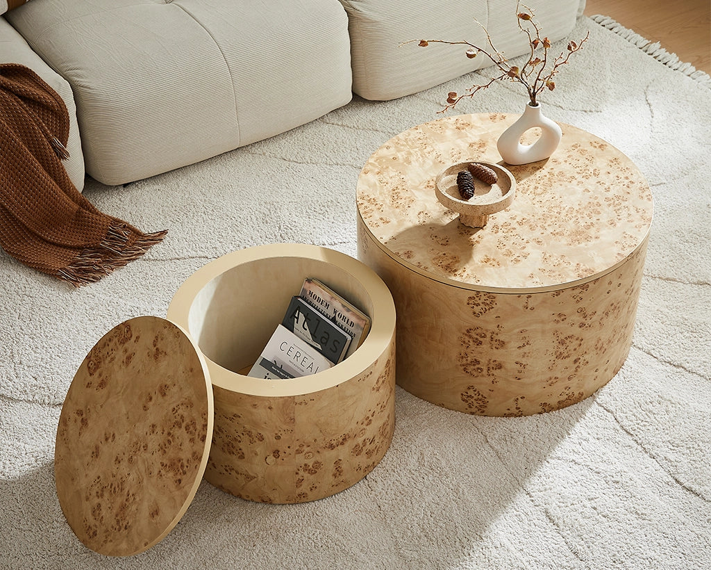 2-Piece Nested Round Coffee Table Set - Burl Wood Veneer MDF