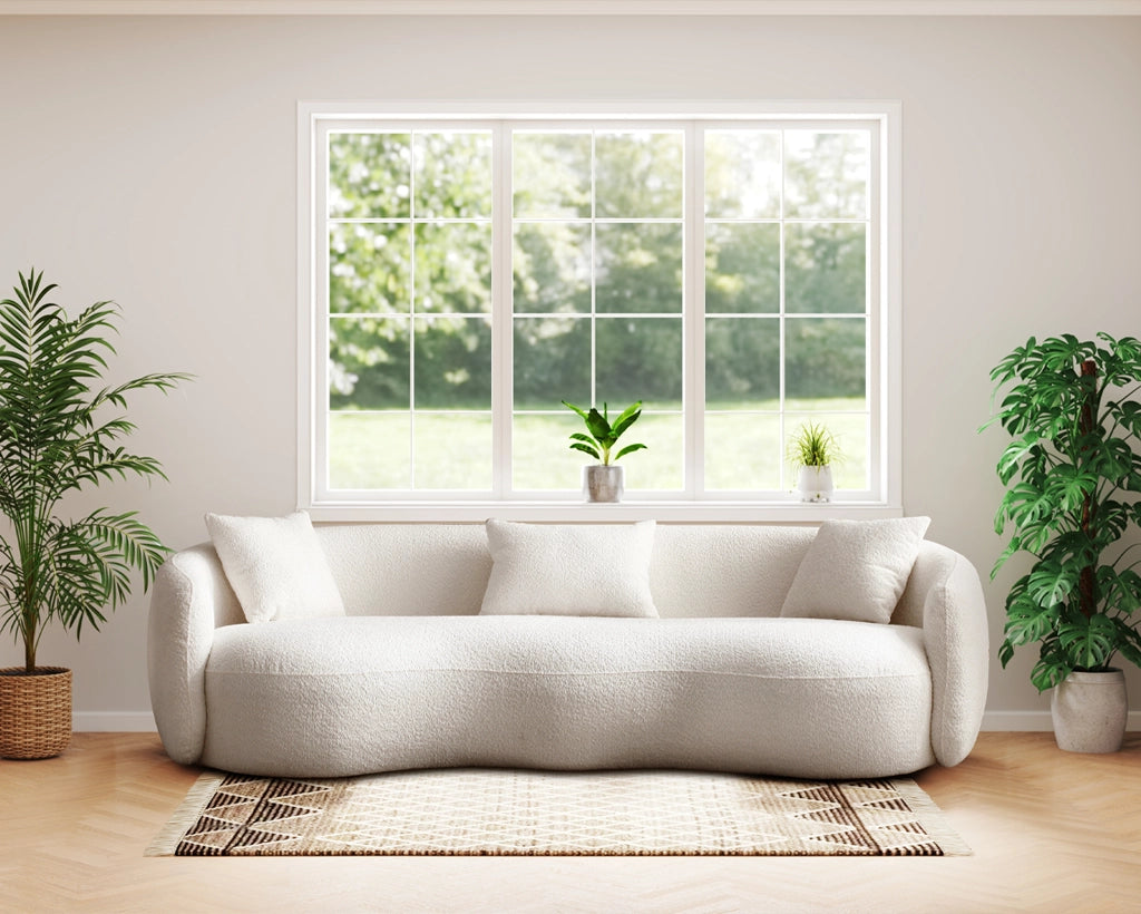 94.00" Mid-Century Modern Curved 4-Seat Boucle Sofa – Off-White Fabric Couch