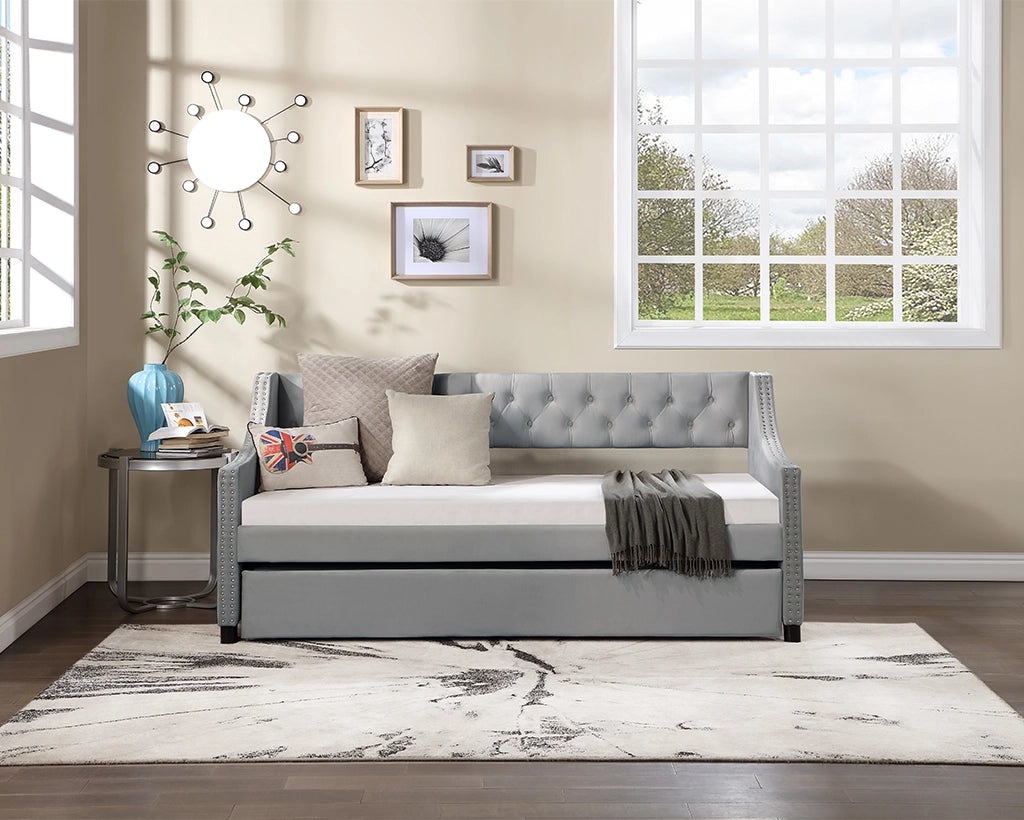 Daybed with Trundle Upholstered Tufted Sofa Bed, with Button and Copper Nail on Arms