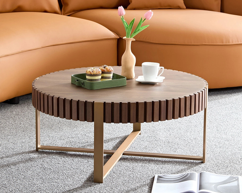 Modern Handcrafted 31.5" Round Drum Coffee Table with Stainless Steel Pedestal