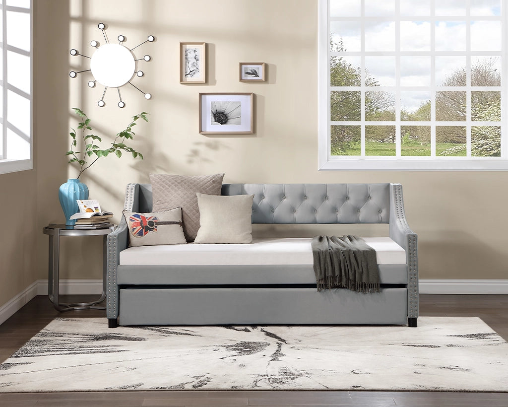 Twin Daybed w/Trundle, Tufted Button Design, No Box Spring Needed