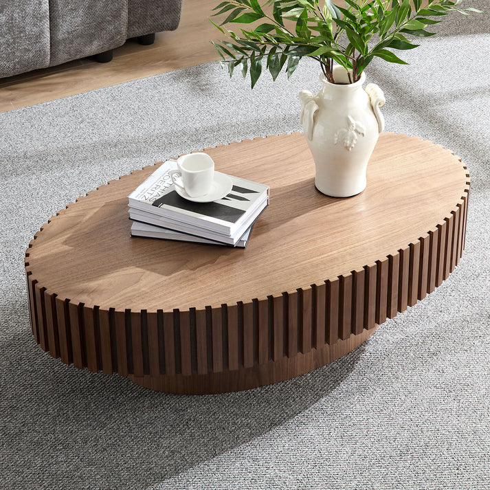 Modern Oval Drum Coffee Table – 43.7 Inch Handmade Wood Center Table for Lounge & Office