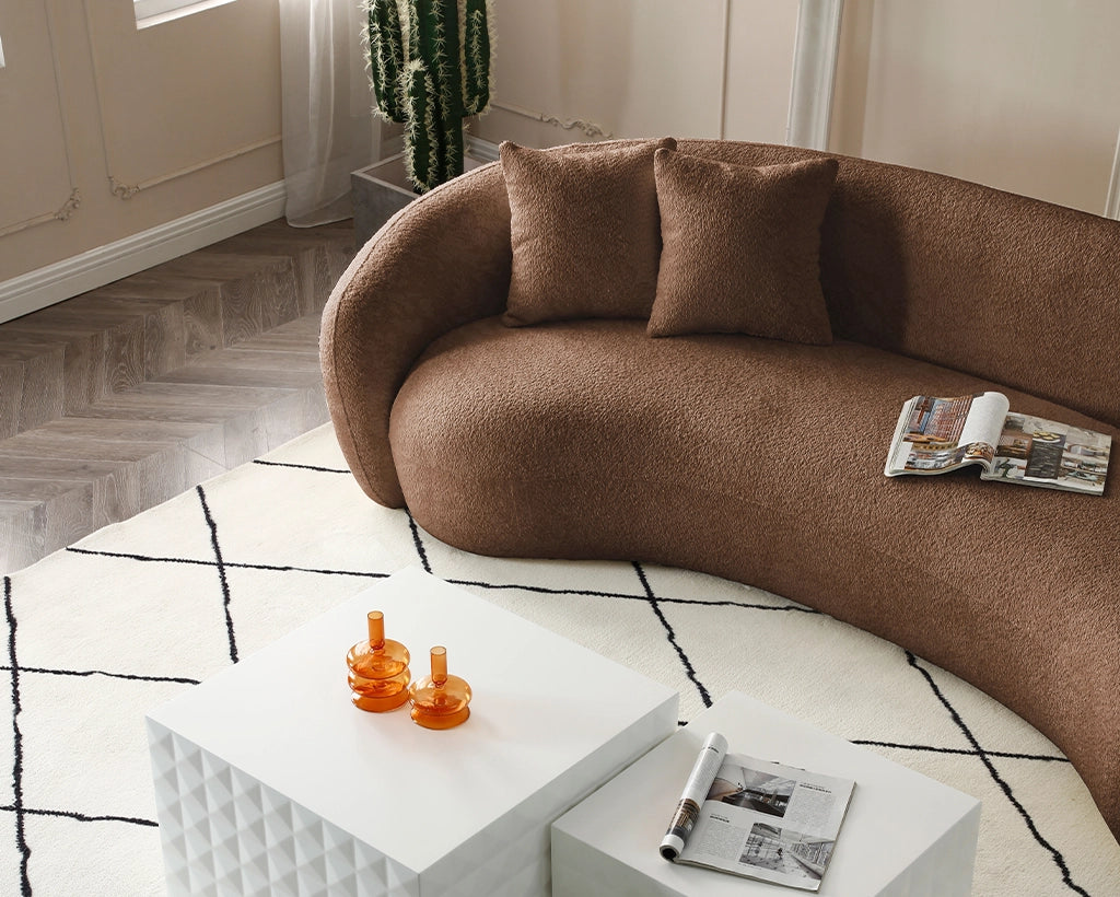 102'' 5-Seater Modern Boucle Sectional Sofa – Curved Half Moon Design in White Teddy Fleece Velvet