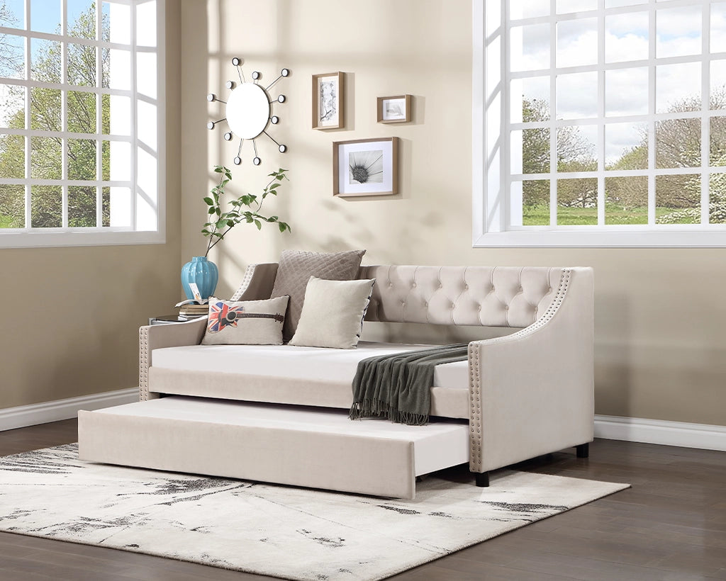 Twin Daybed w/Trundle, Tufted Button Design, No Box Spring Needed
