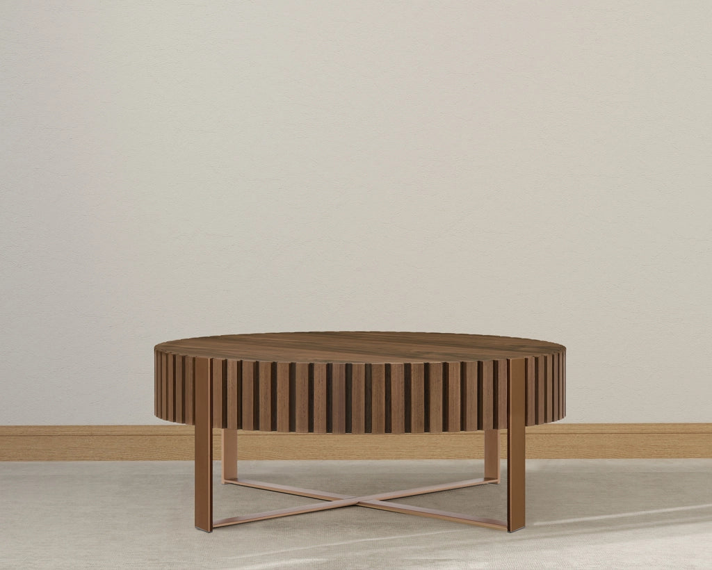 Modern Handcrafted 31.5" Round Drum Coffee Table with Sturdy Pedestal