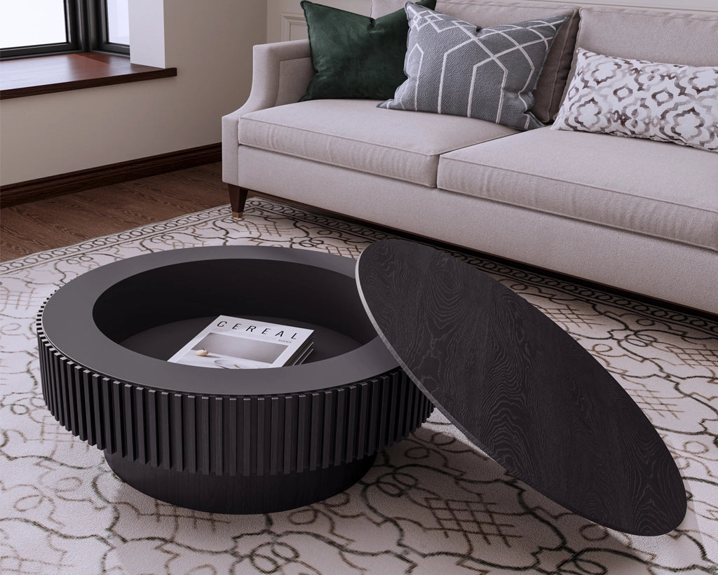 31.5'' Round Coffee Table with Storage Solid Wood Veneered