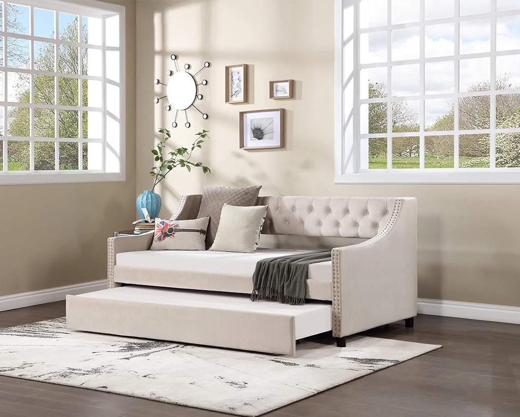 Daybed with Trundle Upholstered Tufted Sofa Bed, with Button and Copper Nail on Arms