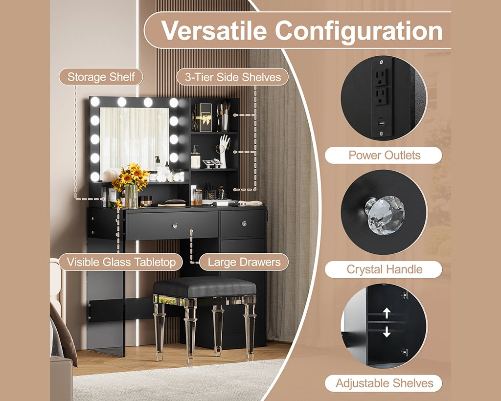 35.40“ Vanity Desk with LED Mirror & 3 Light Modes