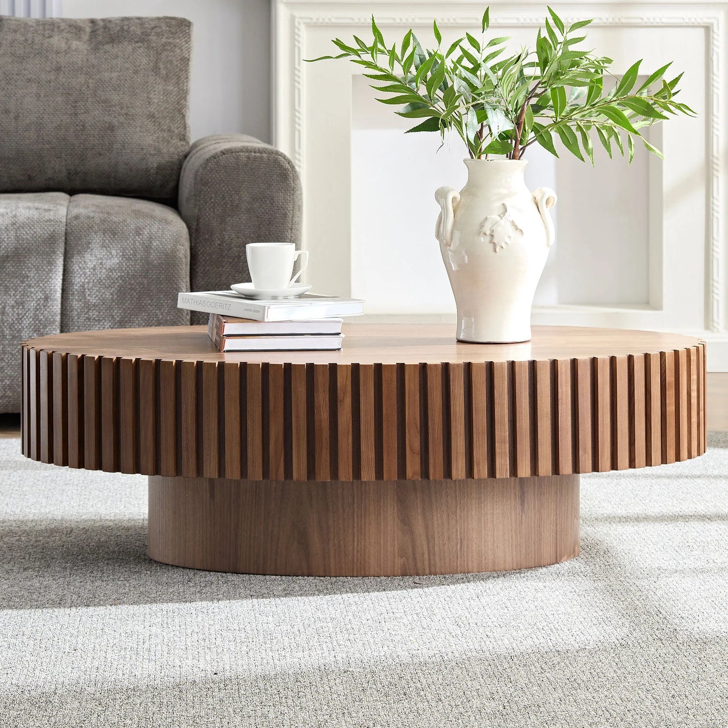 Modern Oval Drum Coffee Table – 43.7 Inch Handmade Wood Center Table for Lounge & Office