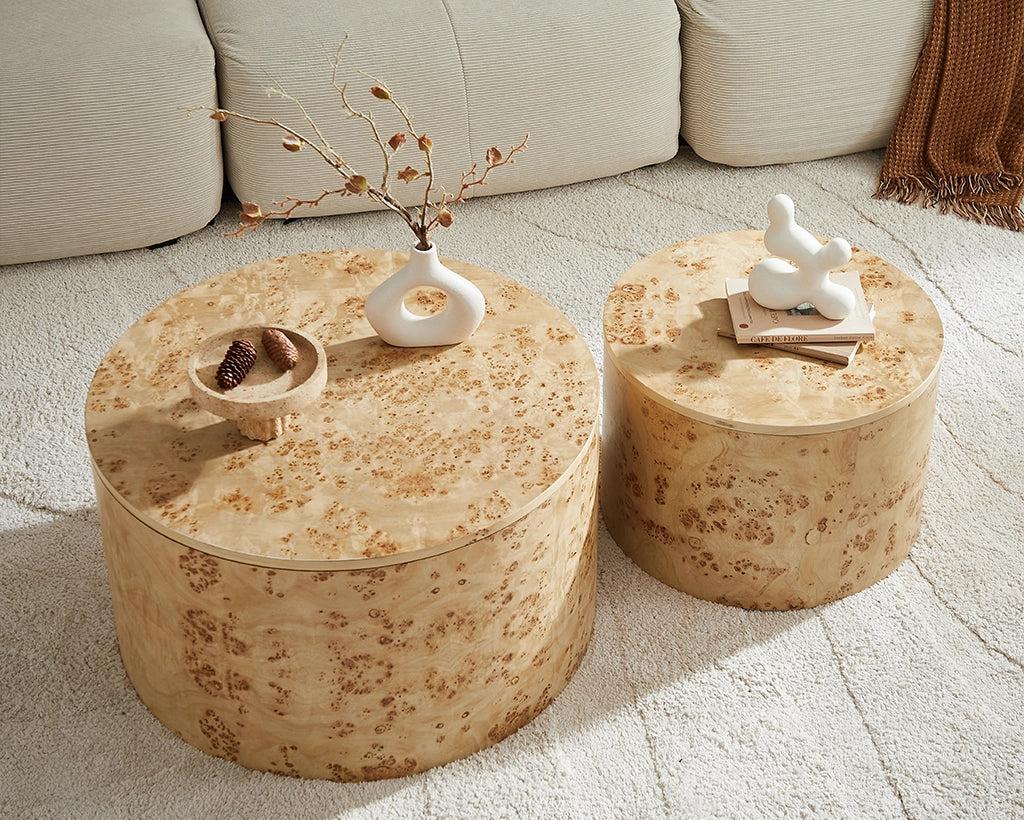 2-Piece Nested Round Coffee Table Set - Burl Wood Veneer MDF