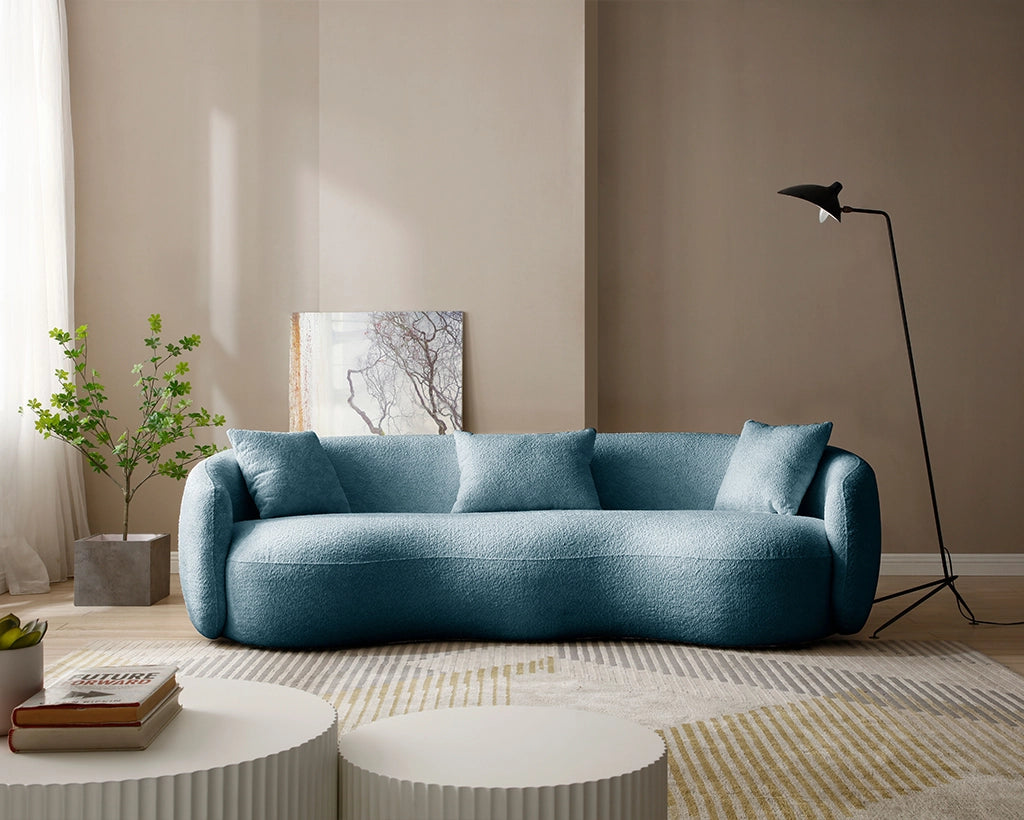 94.00" Mid-Century Modern Curved 4-Seat Boucle Sofa – Off-White Fabric Couch