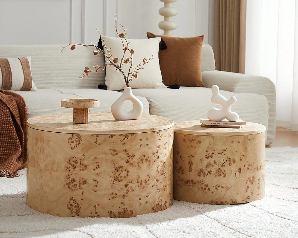 2-Piece Nested Round Coffee Table Set - Burl Wood Veneer MDF