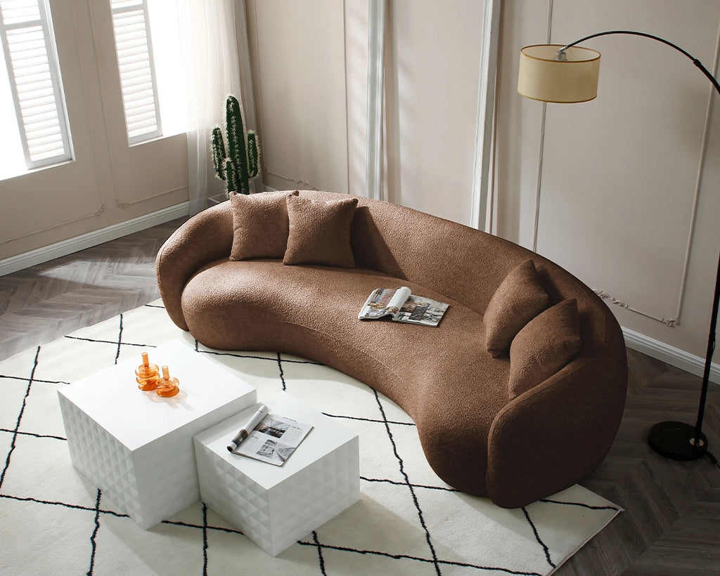 102'' 5-Seater Modern Boucle Sectional Sofa – Curved Half Moon Design in White Teddy Fleece Velvet