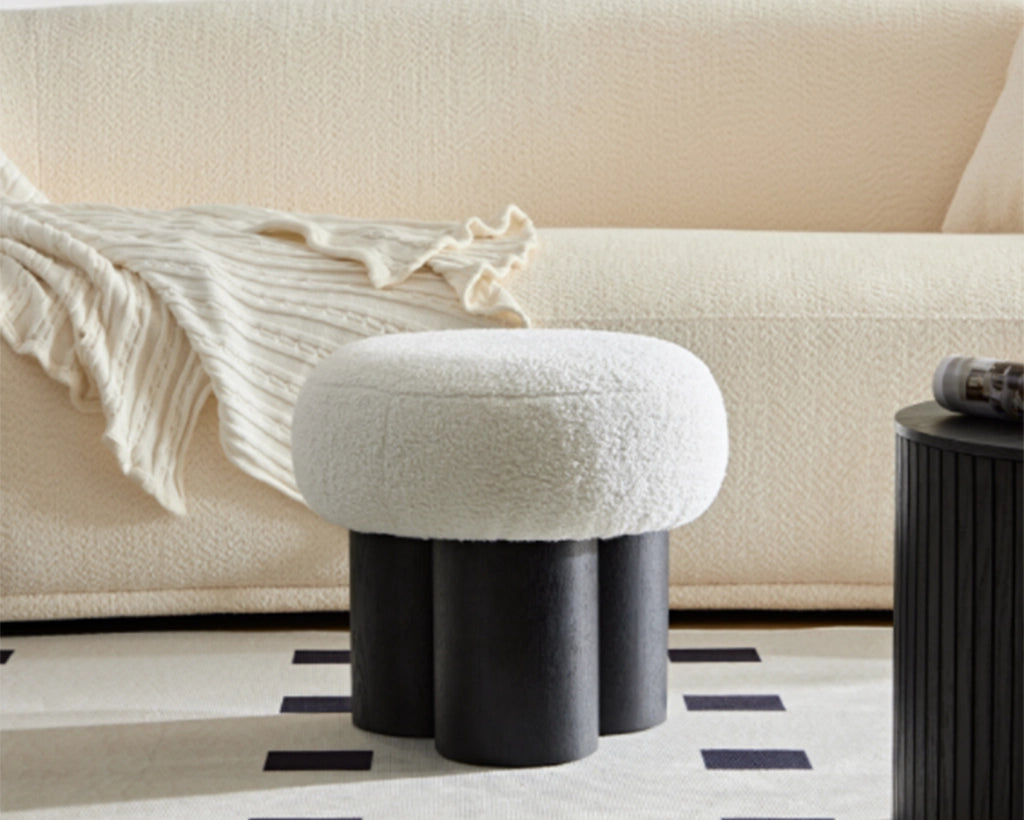 Mushroom stool, grieg plush cushion, wooden barrel PVC pipe