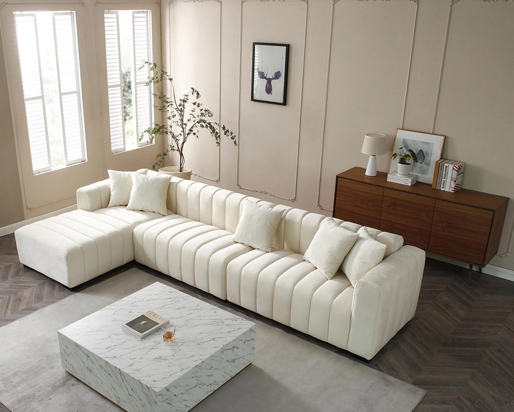 139'' Channel Tufted Sofa Velvet Upholstered Left Chaise Modular Sofa beige