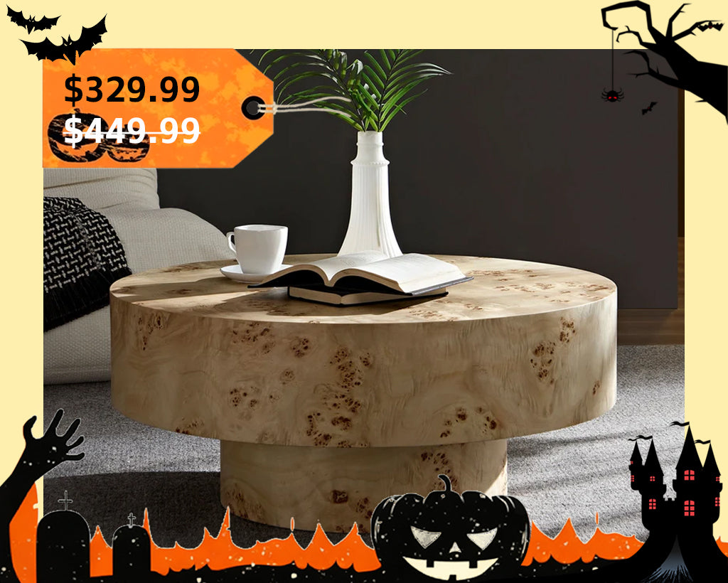 31.49''Mid Century Modern Round Wood Coffee Table with Burl Wood Veneer