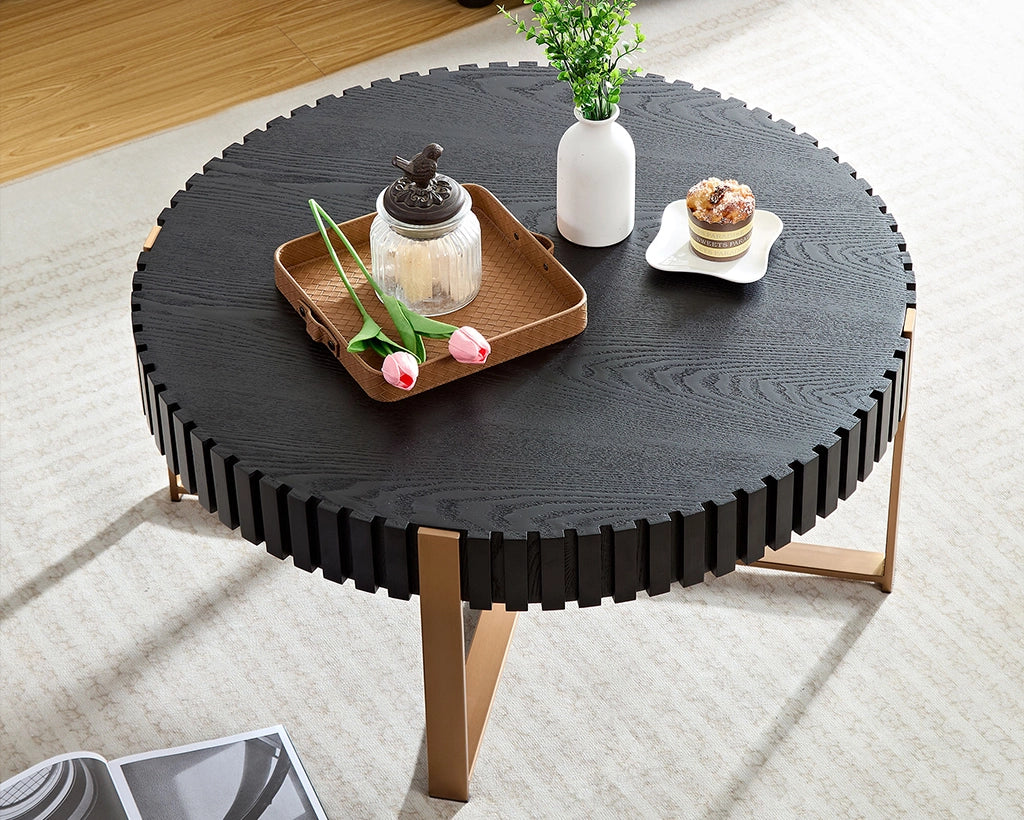 Modern Handcrafted 31.5" Round Drum Coffee Table with Stainless Steel Pedestal