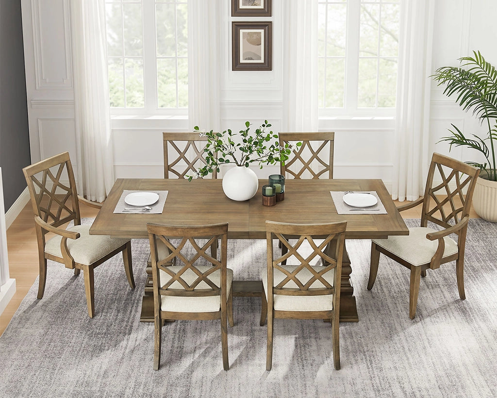 (1 Table + 2 Arm Chairs + 4 Armless Chairs)Retro 102.01 Inch Extendable 7 PCS Wooden Dining Table Set