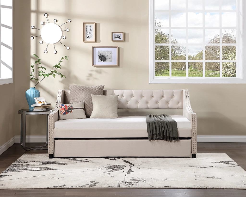 Daybed with Trundle Upholstered Tufted Sofa Bed, with Button and Copper Nail on Arms
