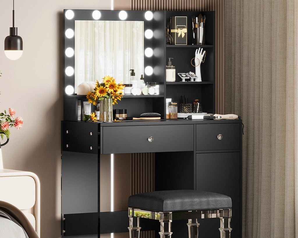 35.40“ Vanity Desk with LED Mirror & 3 Light Modes