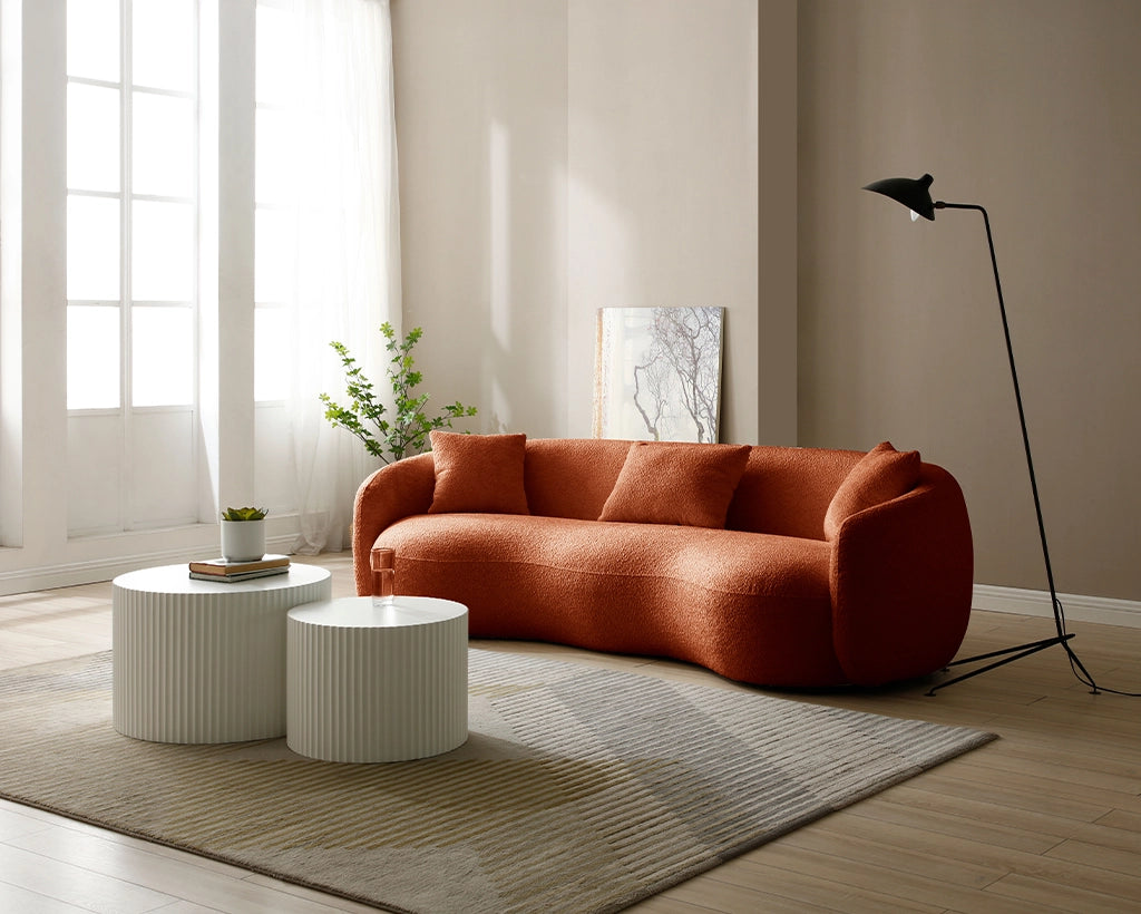 94.00" Mid-Century Modern Curved 4-Seat Boucle Sofa – Off-White Fabric Couch