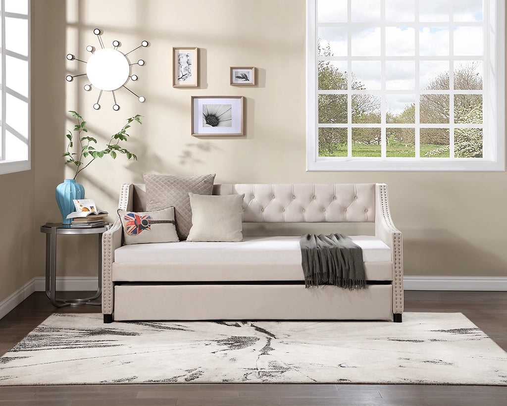 Twin Daybed w/Trundle, Tufted Button Design, No Box Spring Needed