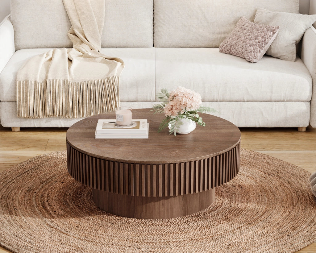 31.5'' Round Coffee Table with Storage Solid Wood Veneered