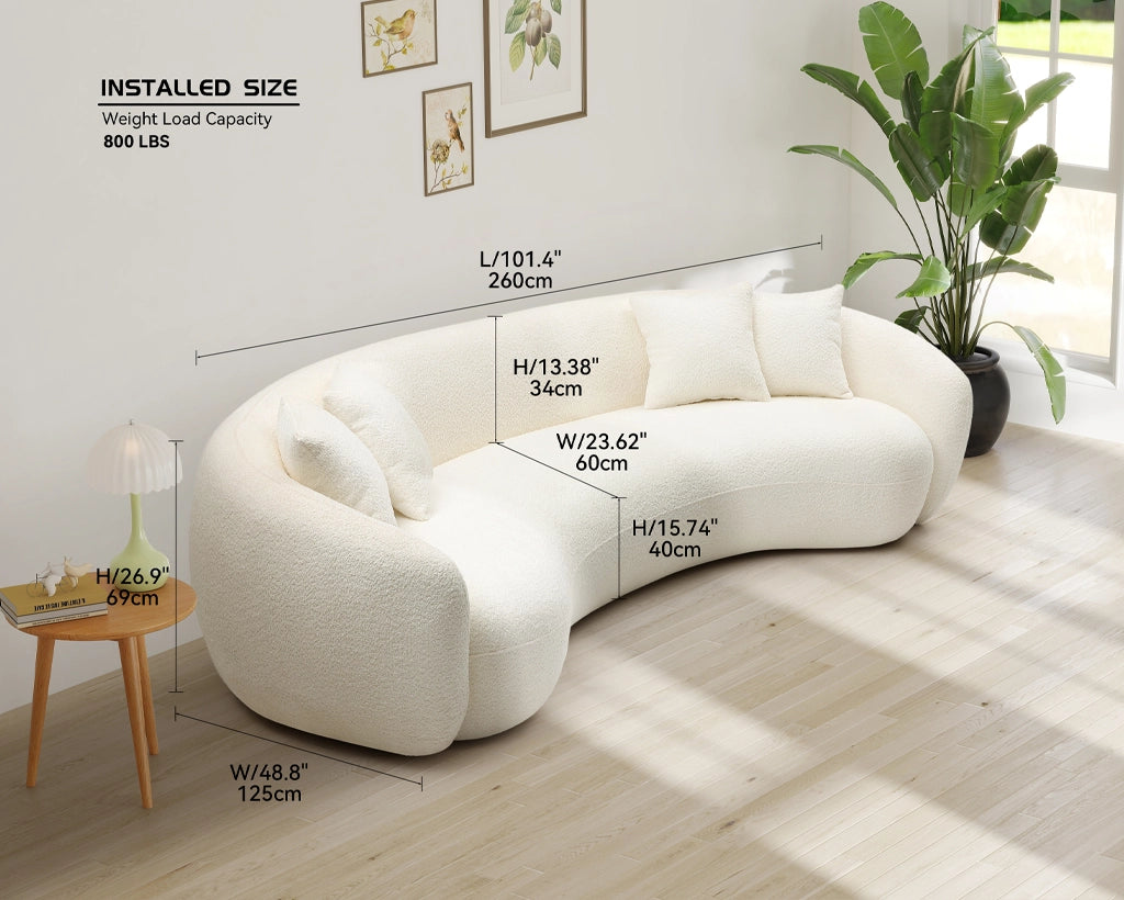 102'' 5-Seater Modern Boucle Sectional Sofa – Curved Half Moon Design in White Teddy Fleece Velvet