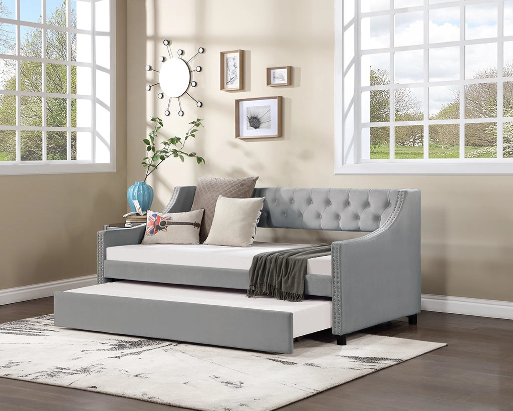 Daybed with Trundle Upholstered Tufted Sofa Bed, with Button and Copper Nail on Arms