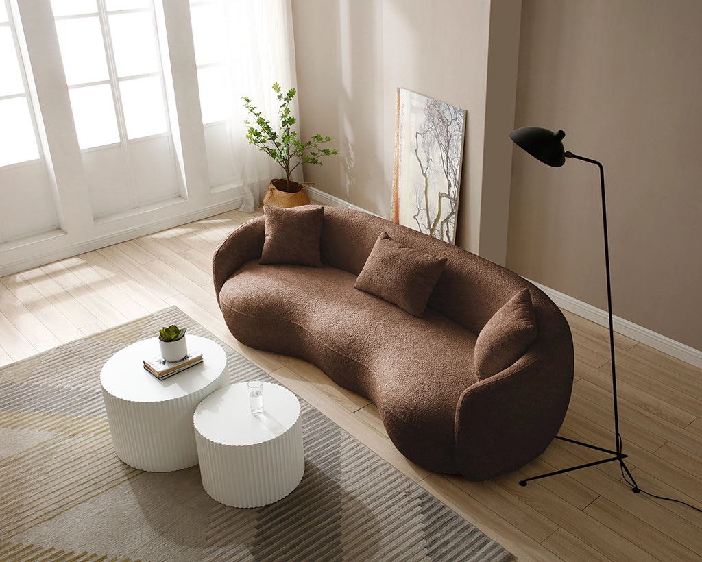 94.00" Mid-Century Modern Curved 4-Seat Boucle Sofa – Off-White Fabric Couch