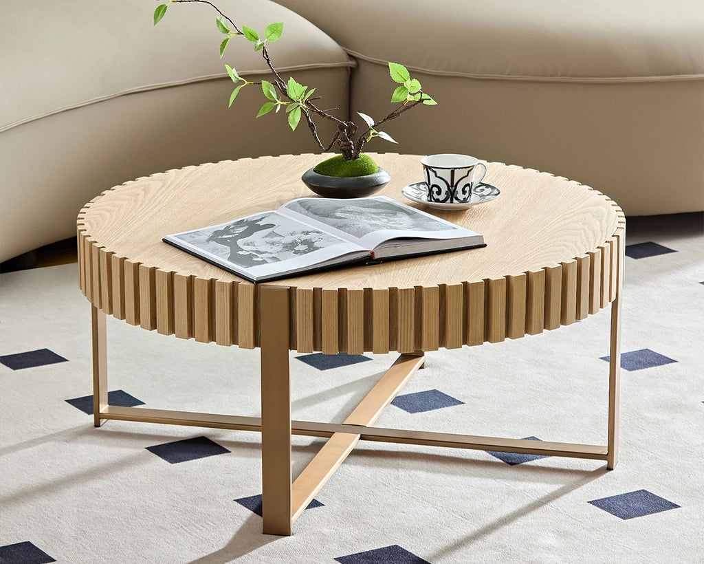 Modern Handcrafted 31.5" Round Drum Coffee Table with Stainless Steel Pedestal