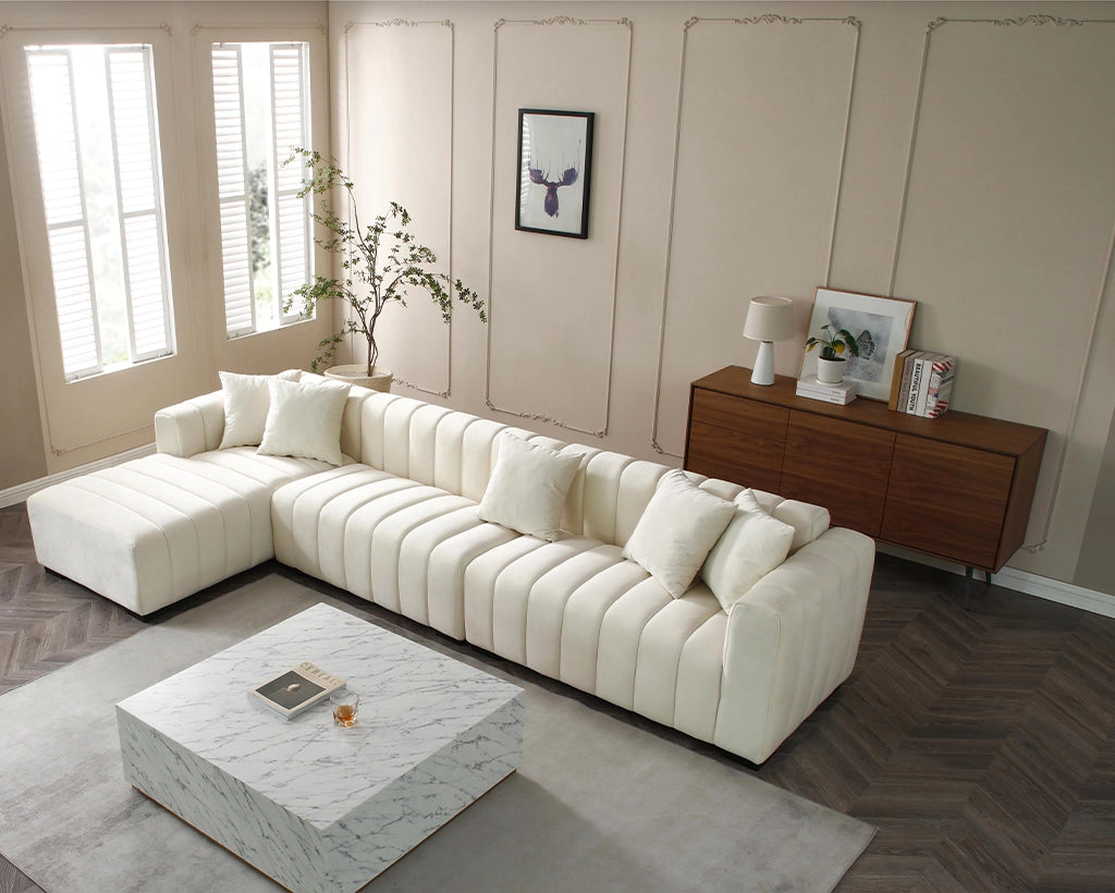 139'' Channel Velvet Material Tufted Sofa Velvet Upholstered Left Chaise Modular Sofa beige