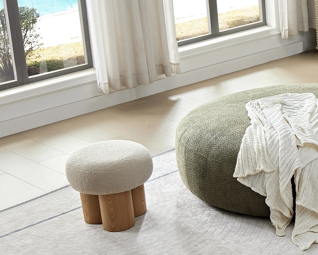 Mushroom stool, grieg plush cushion, wooden barrel PVC pipe
