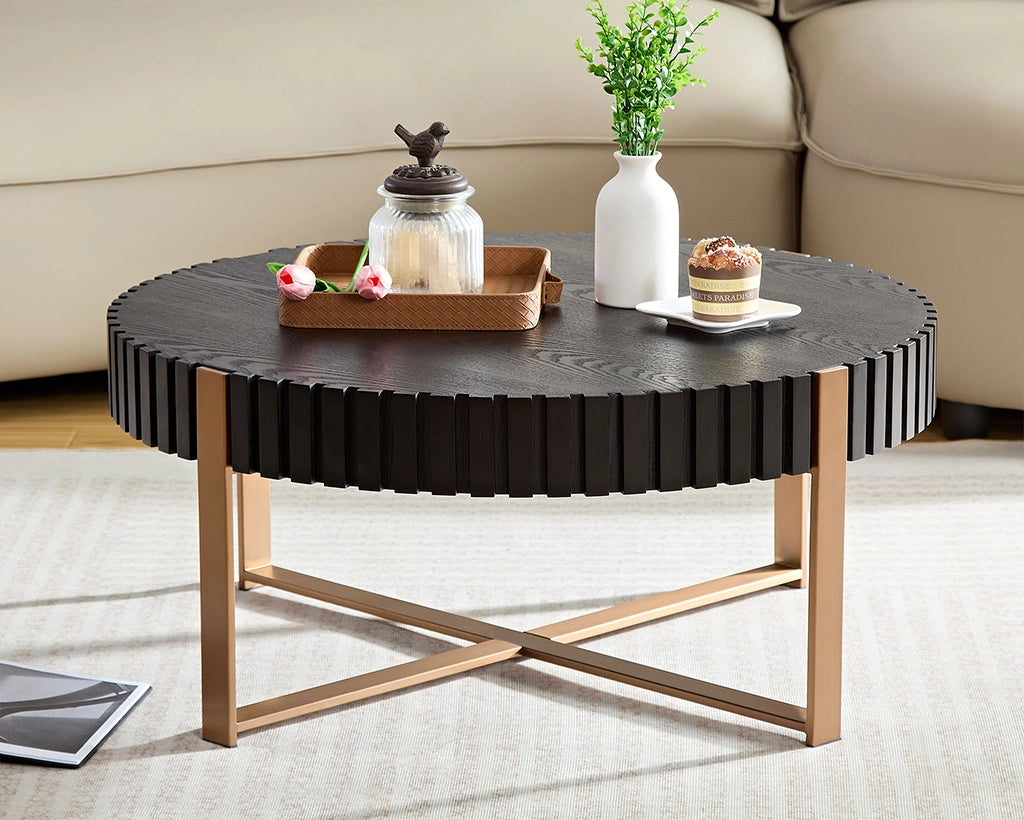 Modern Handcrafted 31.5" Round Drum Coffee Table with Stainless Steel Pedestal