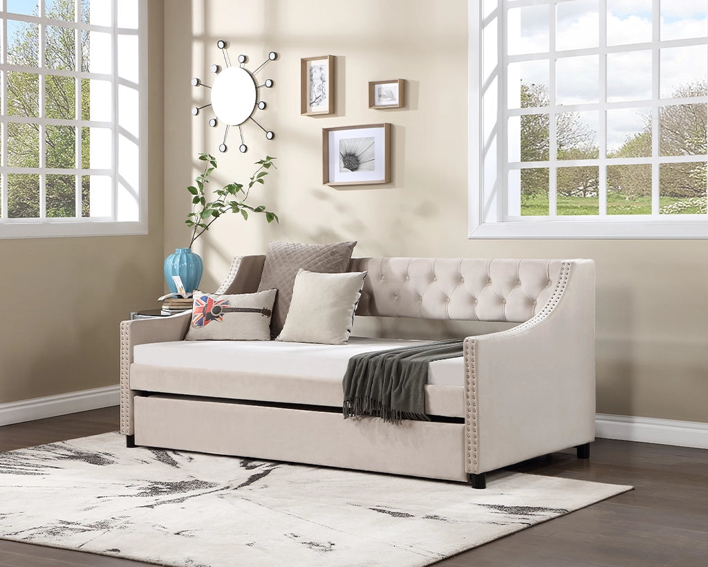 Twin Daybed w/Trundle, Tufted Button Design, No Box Spring Needed