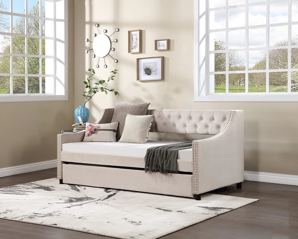 Daybed with Trundle Upholstered Tufted Sofa Bed, with Button and Copper Nail on Arms