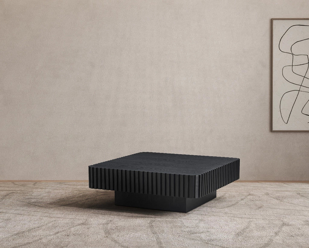 35.43" Handcrafted Square Drum Coffee Table - Modern Wooden Design with Sturdy MDF Pedestal